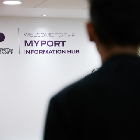 Student visiting the MyPort Information Hub