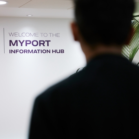 Student visiting the MyPort Information Hub