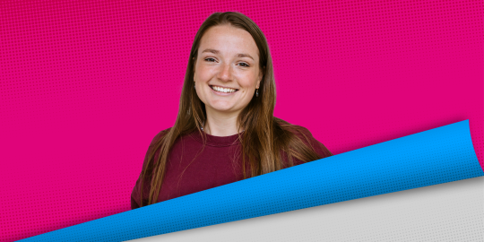 PG progression - female student smiling with neon pink background