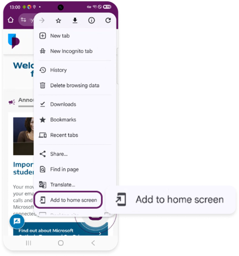 Add to home screen tab on Chrome browser on Android device