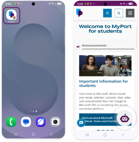 MyPort web app on Android device home screen and MyPort web app launched on Android device