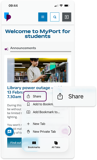 Share button on Safari browser on iOS device.
