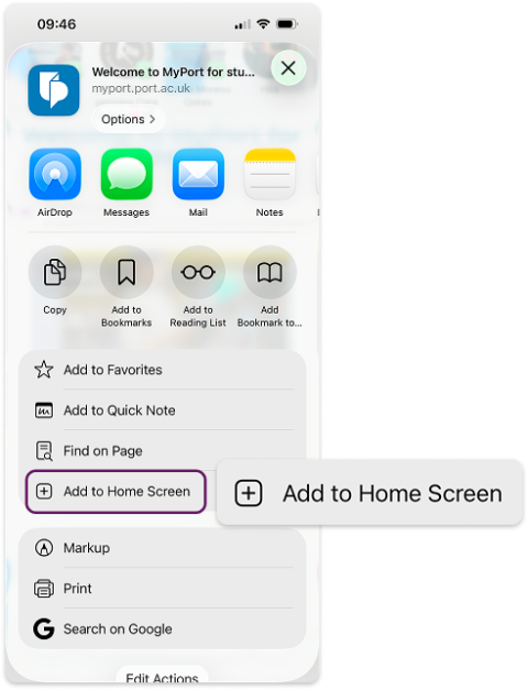 Add to home screen tab on Safari browser on iOS device.