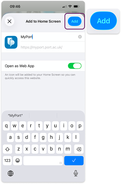 Add button on Safari browser on iOS device.