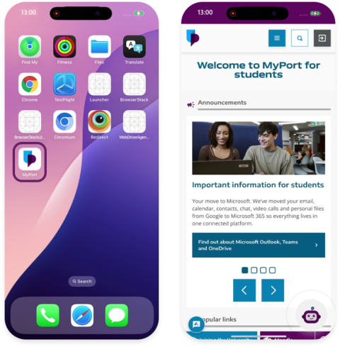 MyPort web app on iOS device home screen and MyPort web app launched on iOS device