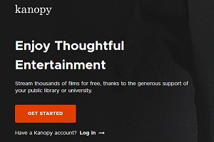 Screenshot of Kanopy log in page