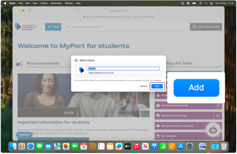 Add button on Add to Dock prompt on Safari browser on macOS device