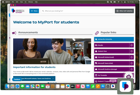 MyPort web app icon on macOS taskbar and MyPort web app launched on macOS