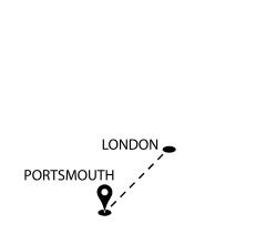 Map showing the distance from London to Portsmouth
