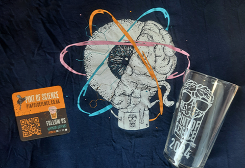 T-shirt, drinking glass and coaster, branded with Pint of Science logo