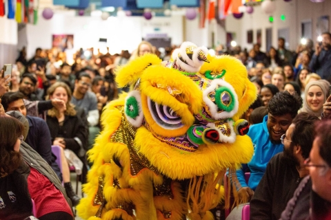 yellow chinese dragon dancing