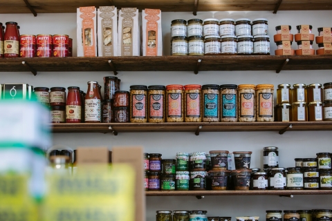 Shelves with food products from a local store