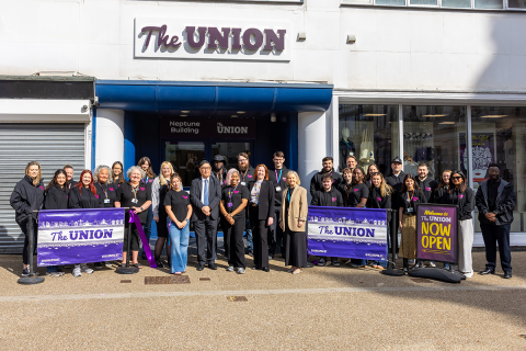 The Students' Union and senior university leaders outside of Neptune Building 