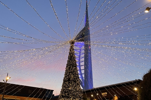 Christmas tree and lights in front of the Spinnaker Tower