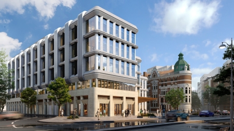 Architect illustration of the new Technology Building design on the University House site
