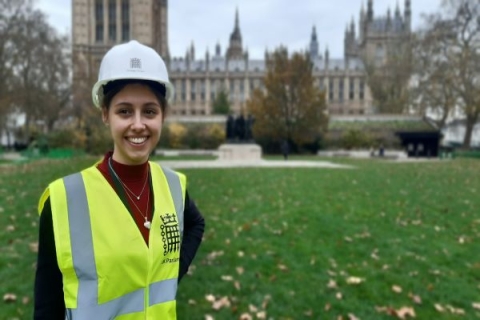 Placement student Imogen Ashford House of Commons Outside Victoria Tower in PPE