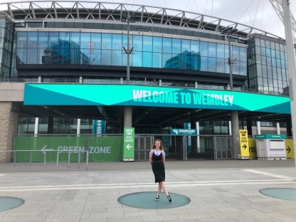 Tazmin outside Wembley Stadium for a Santander Scholars event