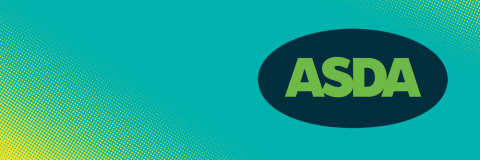 Turquoise background with yellow spots. The logo for ASDA is shown.