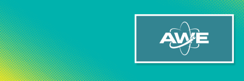 A turquoise background with yellow dotted graphics. The Atomic Weapons England (AWE) logo is displayed in a white border.