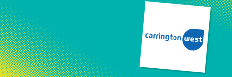 Turquoise background with yellow spots. The logo for Carrington West is shown.