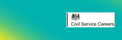 A turquoise background with yellow dotted graphics. The Civil Service logo is displayed in a white border.