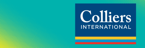 A turquoise background with yellow dotted graphics. The Colliers logo is displayed in a white border.