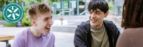 Disability Advice hero image showing a student smiling and sitting in a wheelchair