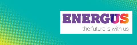 A turquoise background with yellow dotted graphics. The Energus logo is displayed in a white border.