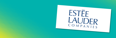 Turquoise background with yellow spots. The logo for Estee Lauder Companies is shown.