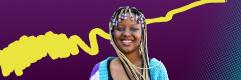 Smiling student against a purple background with turquoise dots. 