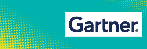 A turquoise background with yellow dotted graphics. The Gartner logo is displayed in a white border.