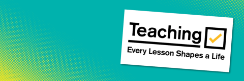 Turquoise background with yellow spots. The logo for Get into Teaching is shown.