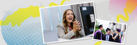 A collage of two images; in the center, a person in an office setting appears excited with a large smile and clasping their hands together; on the right, graduates in caps and gowns are celebrating together. In the background, there is an abstract yellow and blue pixelated pattern.