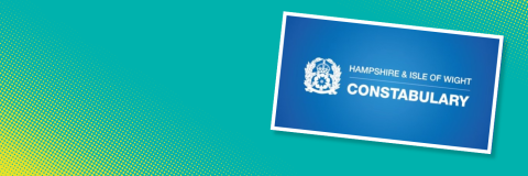 Turquoise background with yellow spots. The logo for Hampshire and Isle of Wight Constabulary Group is shown.