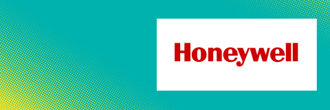 A turquoise background with yellow dotted graphics. The Honeywell logo is displayed in a white border.