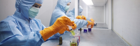Pharmacology students experimenting with syringe in lab