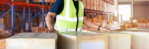 Worker moving boxes in a storage warehouse