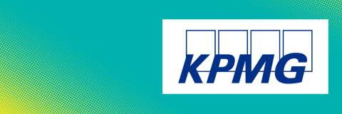 A turquoise background with yellow dotted graphics. The KPMG logo is displayed in a white border.