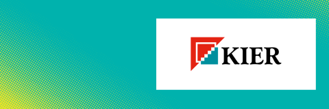 A turquoise background with yellow dotted graphics. The Kier Group logo is displayed in a white border.