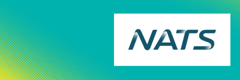 A turquoise background with yellow dotted graphics. The NATS logo is displayed in a white border.