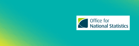 A turquoise background with yellow dotted graphics. The Office For National Statistics logo is displayed in a white border.