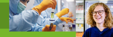 Laboratory scene with two scientists in protective gear conducting an experiment using a vial on the left side; right side shows an individual with curly hair in blue attire.