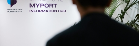 Student visiting the MyPort Information Hub