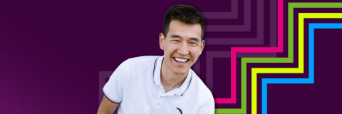 Cut out of a male in a white polo shirt. The back ground is dark purple with multicoloured steps