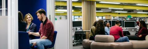 Groups of students studying in the library