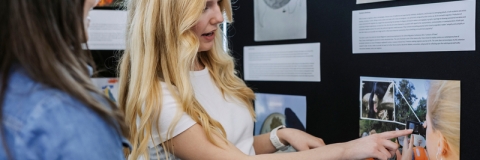 Photo of Laura Saunders presenting information at stall.- Festival of Doctoral ResearchFOR GRADUATE SCHOOL USE ONLY