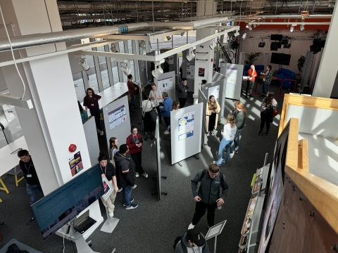 The display of research posters in the Eldon foyer.