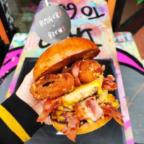 Stacked burger from Burgerz n Brewz