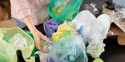 A person organising recycling in plastic bags