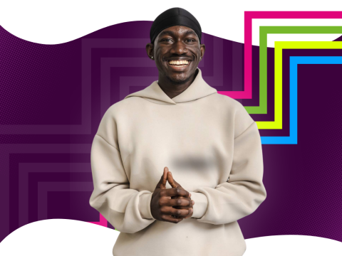 A smiling student stood in front of a purple background with multicoloured steps graphics. 
